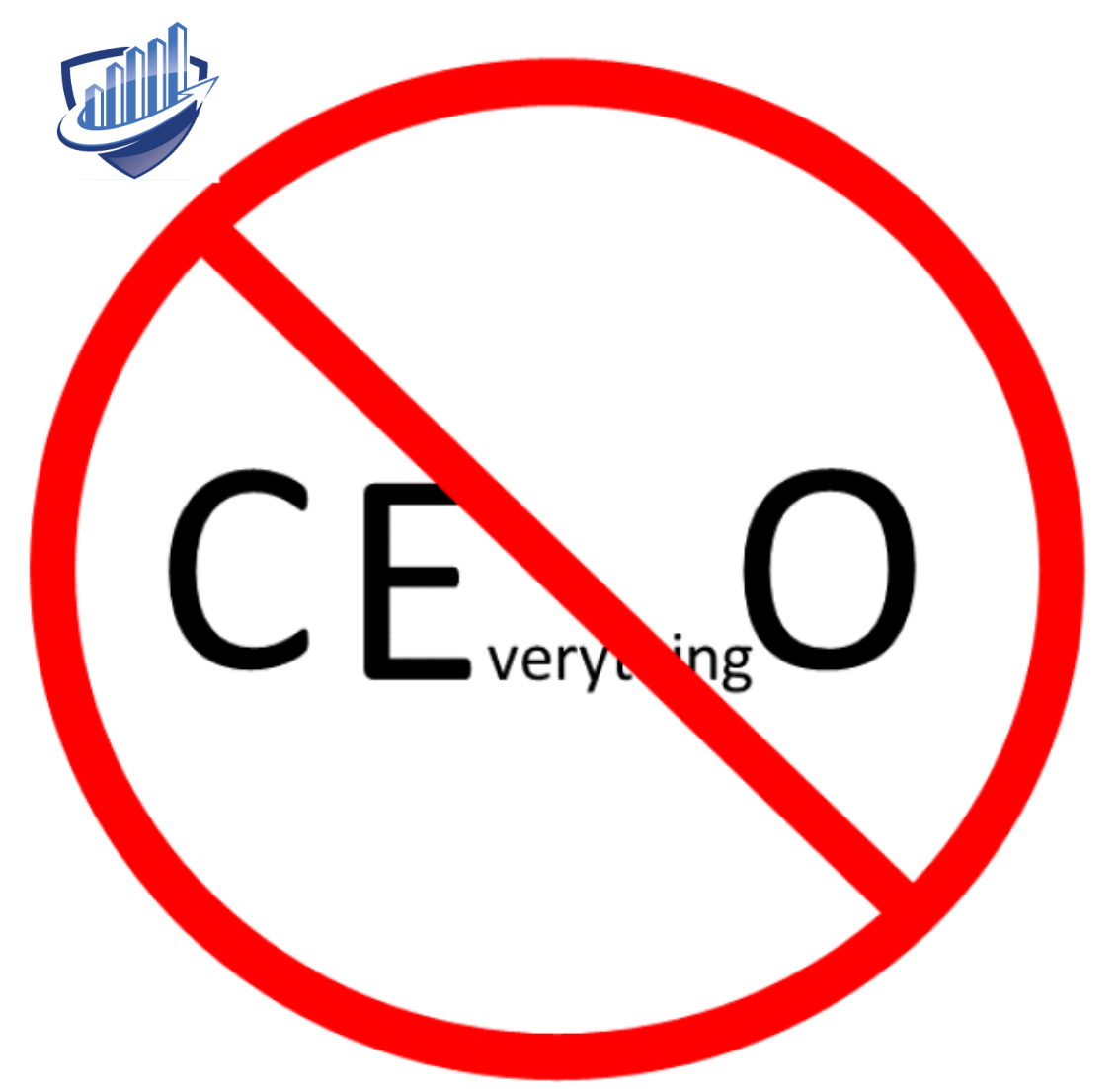 Red circle with a diagonal line through it over the text "CEverythingO". 
Business Systems mean you don't have to be the CEO of everything, just the CEO tasks.