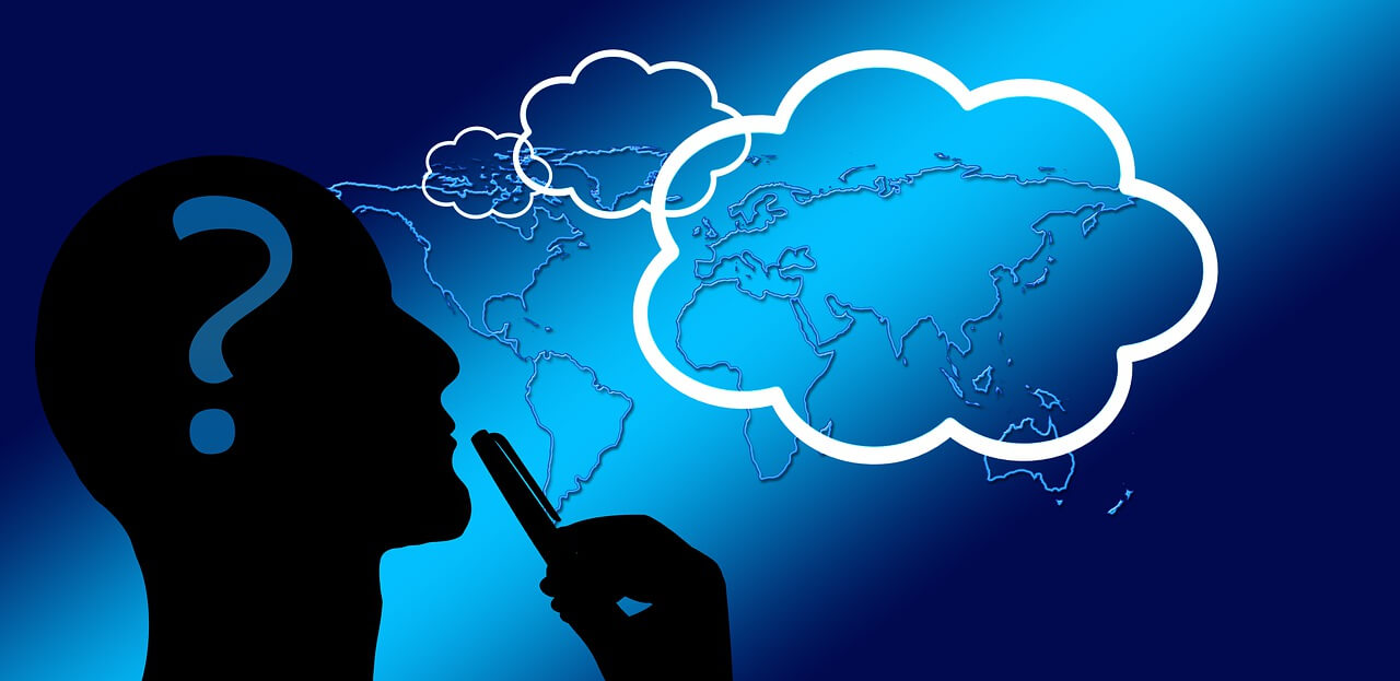 Digital Illustration of a human silhouette with a large question mark over the brain and highlighted cloud shapes growing in size coming from the head. The background is the outlines of a world map.