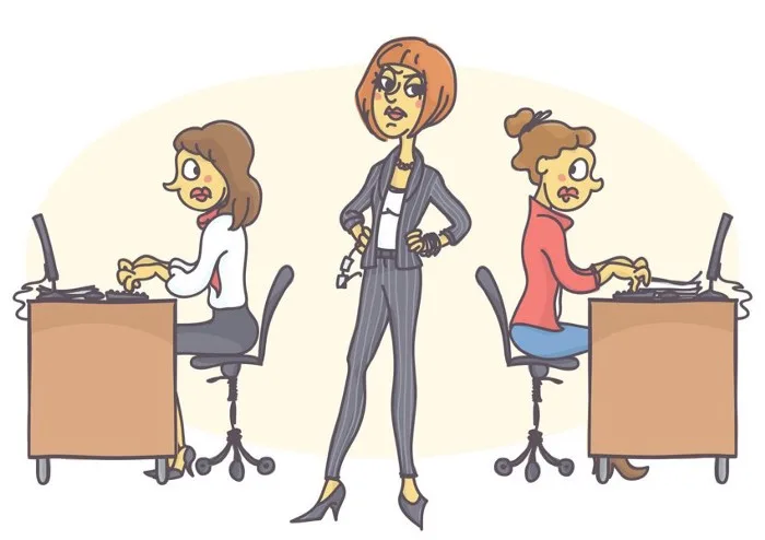 Two women in office attire sit at desk typing on computers. They are side-eyeing the women standing between them imperiously. 

Use systems, don't micromange.