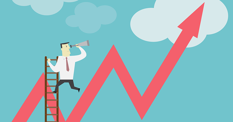 A digital illustration of a person in business attire standing at the top of a ladder in the clouds with a arrow graph line progressively higher after each up and down.