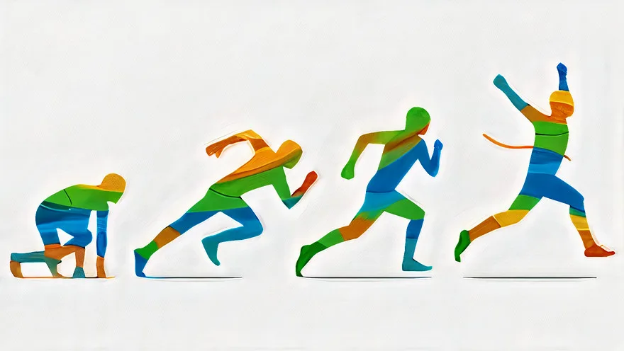 An abstractly colorful human figure is crouched to run on the left side, then pushing off into a fast run, then running quickly, then running arms raised through a finish line ribbon.