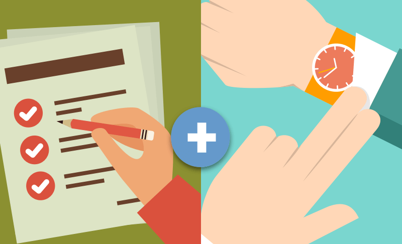 Digital Image split down the middle with a "+" connecting both sides. One side has a page filled with lines and checkboxes (Tasks, To-Do list). The other side has an arm with a wrist watch and a hand pointing two fingers at the watch (Time Management).