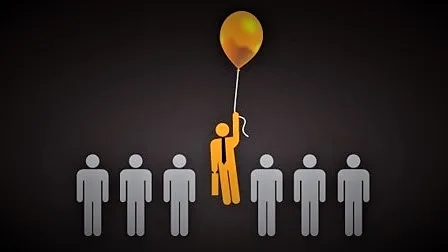 A row of plain human figures with the center one a brighter color, a tie, briefcase, and holding a balloon that is lifting them above the others. (like executive skills)