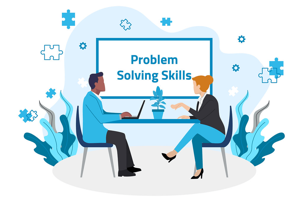 Digital illustration of two people facing each other across a table with a screen in the background that reads "Problem Solving Skills." (executive skills)
