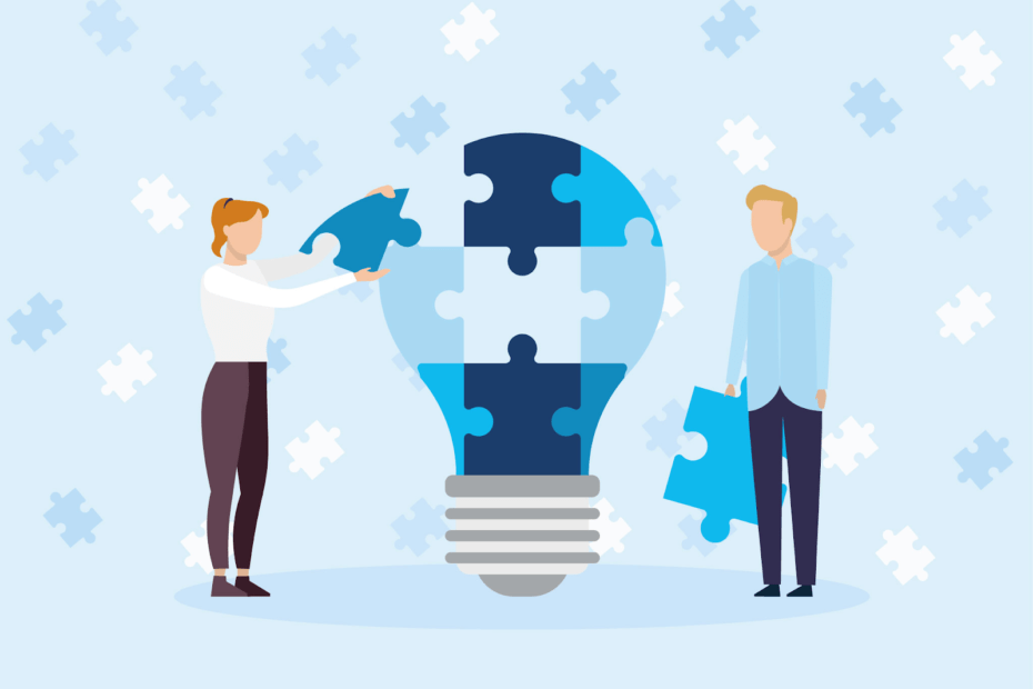 Digital illustration of two figures adding puzzle pieces a human-sized lightbulb puzzle.