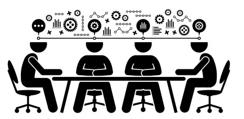 Digital illustration of four figures seated around a table with business and communications icons in a line across the top of their heads.